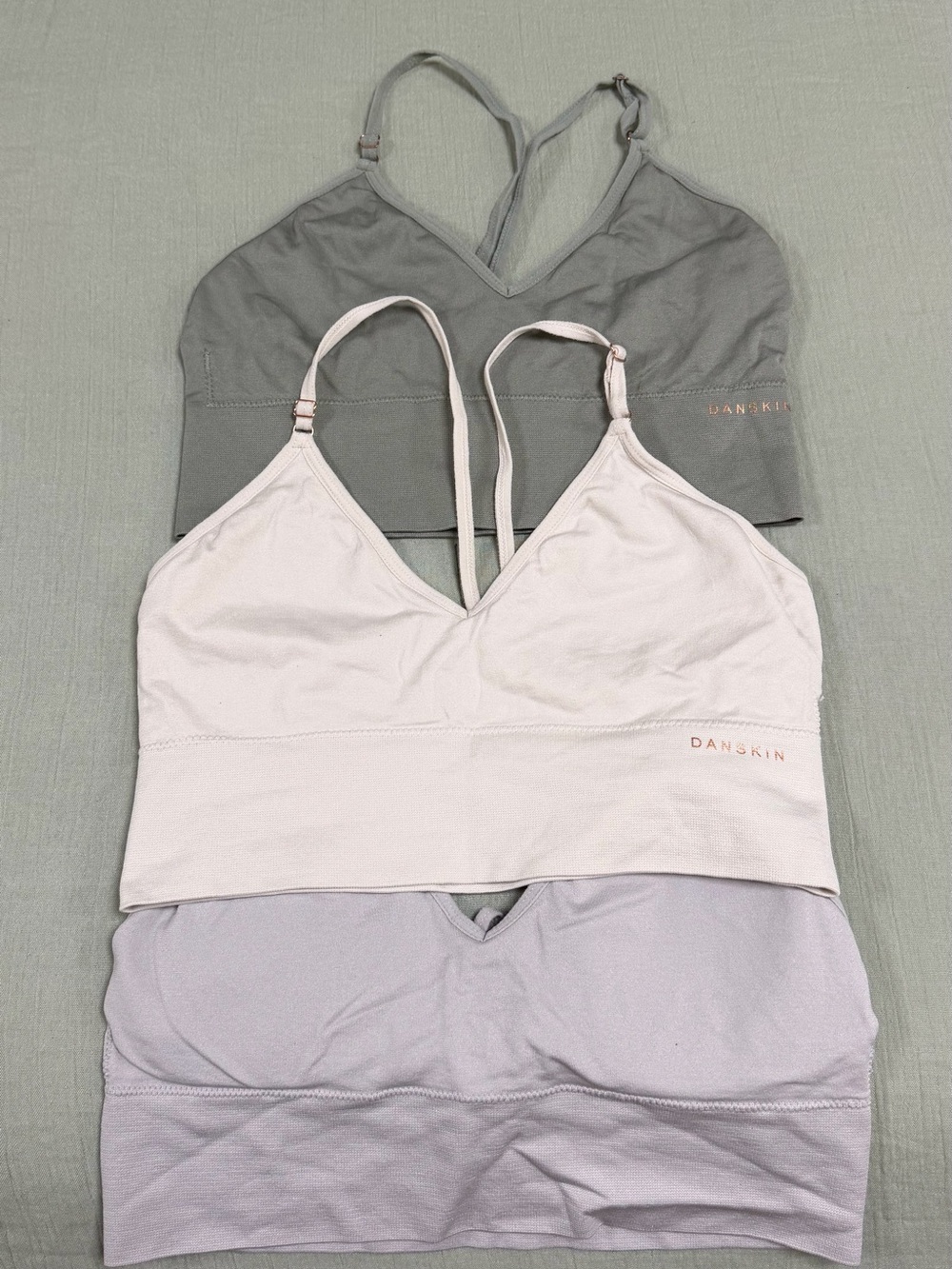 Danskin 3-Pack Light Support Bralettes — Sage, Blush & Lavender